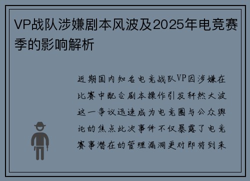 VP战队涉嫌剧本风波及2025年电竞赛季的影响解析