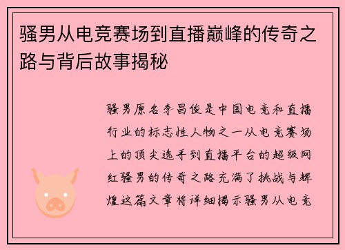 骚男从电竞赛场到直播巅峰的传奇之路与背后故事揭秘