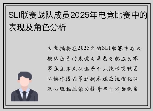 SLI联赛战队成员2025年电竞比赛中的表现及角色分析